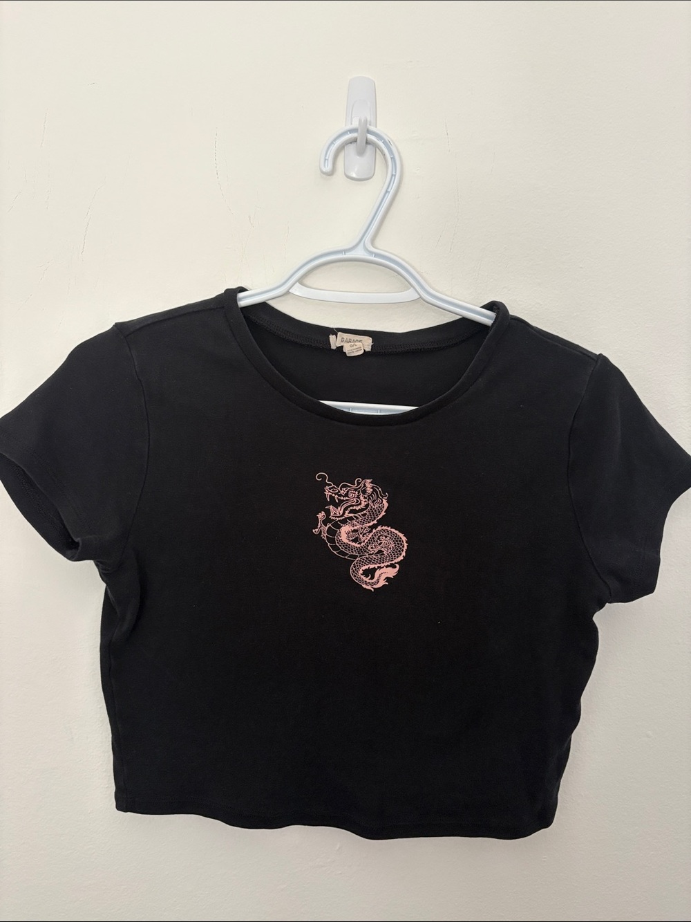 Garage Black Crop Tee with Pink Dragon Embroidery